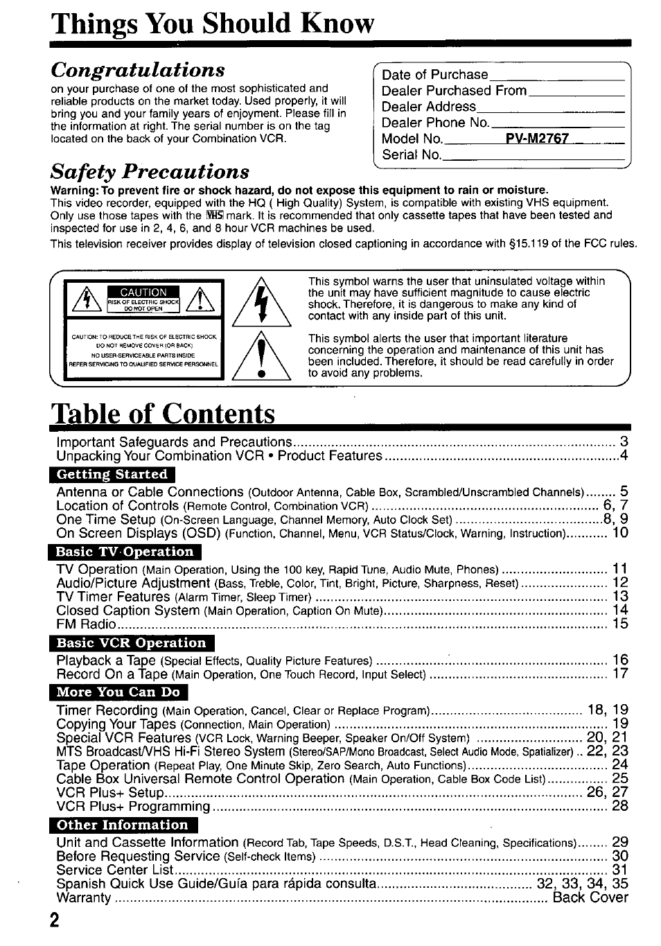 Panasonic OMNIVISION VHS PV-M2767 User Manual | Page 2 / 36