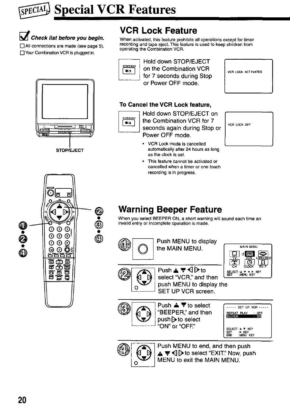 Vcr lock feature, To cancel the vcr lock feature, Warning beeper feature | Speci^ special vcr features | Panasonic OMNIVISION VHS PV-M2767 User Manual | Page 20 / 36