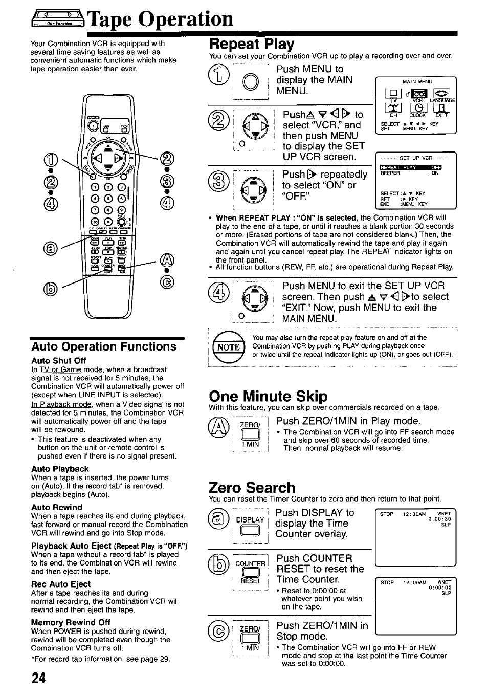 Auto operation functions, Auto shut off, Auto playback | Auto rewind, Playback auto eject (repeat play is “off.”), Rec auto eject, Memory rewind off, Repeat play, One minute skip, Zero search | Panasonic OMNIVISION VHS PV-M2767 User Manual | Page 24 / 36