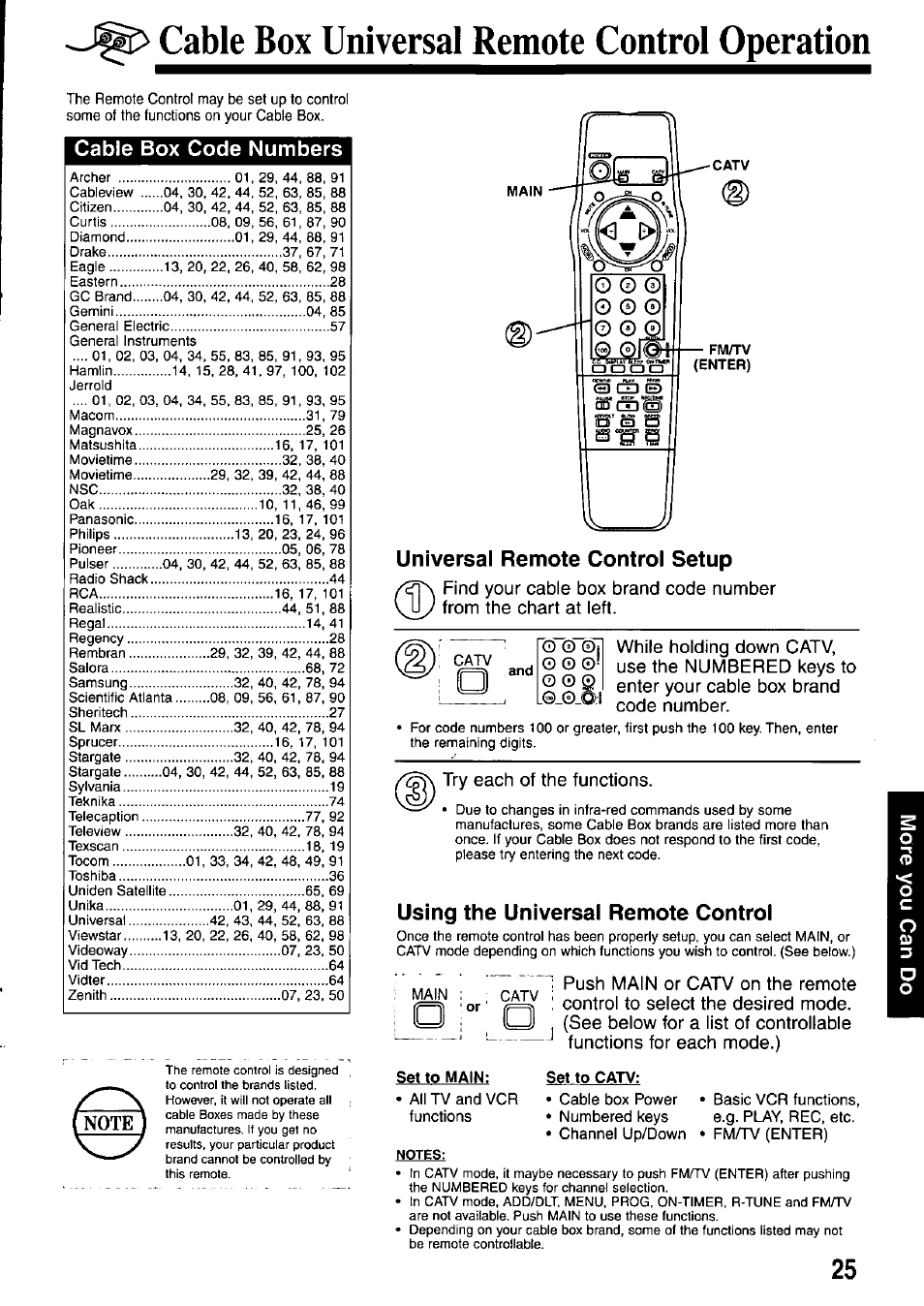 Universal remote control setup, Using the universal remote control, Set to main | Set to catv, Cable box universal remote control feature, Cable box universal remote control operation, Cable box code numbers, Try each of the functions | Panasonic OMNIVISION VHS PV-M2767 User Manual | Page 25 / 36