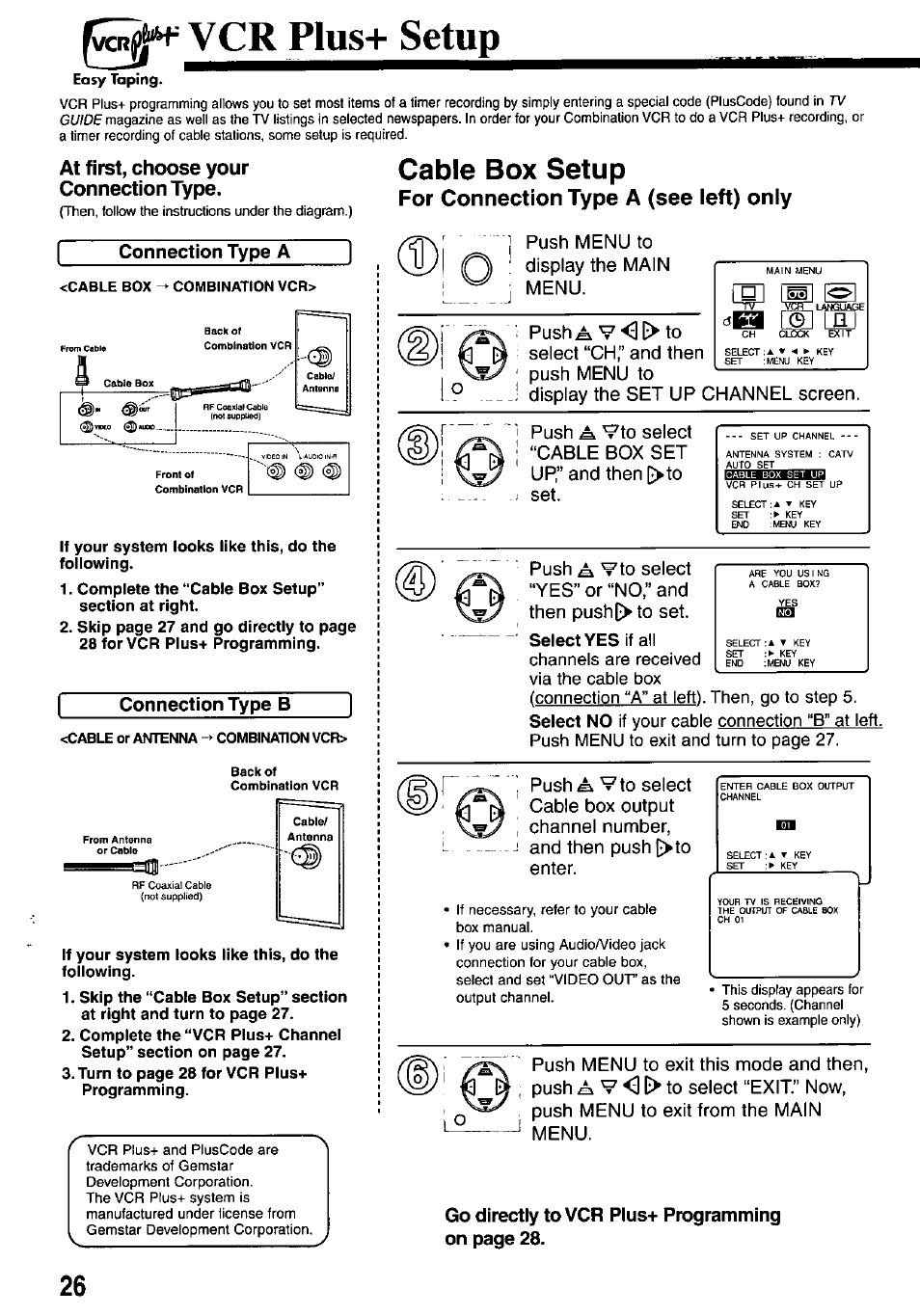 At first, choose your connection type, Connection type a, Connection type b | Cable box setup, For connection type a (see left) only, Fcr^ v cr plus+ setup, J push menu to : display the main menu, Select no | Panasonic OMNIVISION VHS PV-M2767 User Manual | Page 26 / 36