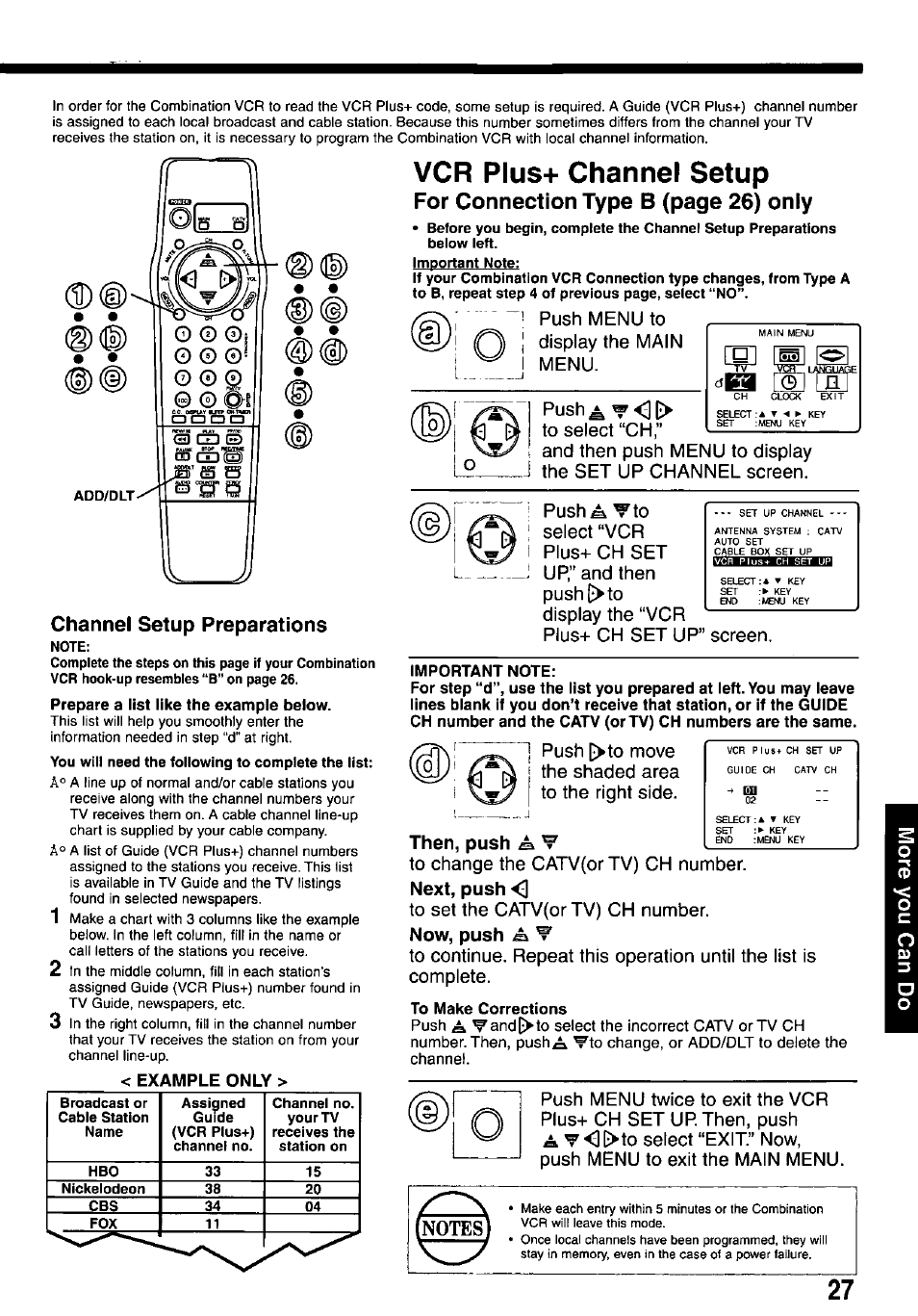 Vcr plus+ channel setup, Channel setup preparations, Prepare a list like the example below | Important note, Then, push ^ t, Next, push 0, Now, push a w, To make corrections, For connection type b (page 26) only, 1 push menu to i display the main | Panasonic OMNIVISION VHS PV-M2767 User Manual | Page 27 / 36