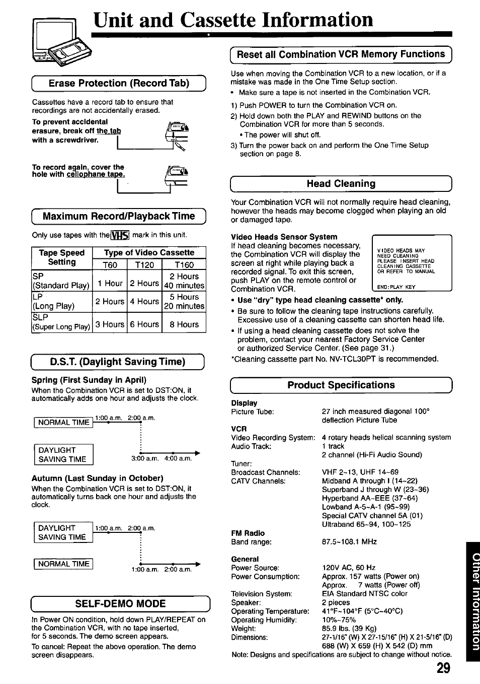 Erase protection (record tab), Maximum record/playbacktime, D.s.t. (daylight saving time) | Spring (first sunday in april), Autumn (last sunday in october), Self-demo mode, Reset aii combination vcr memory functions, Head cieaning, Video heads sensor system, Product specifications | Panasonic OMNIVISION VHS PV-M2767 User Manual | Page 29 / 36