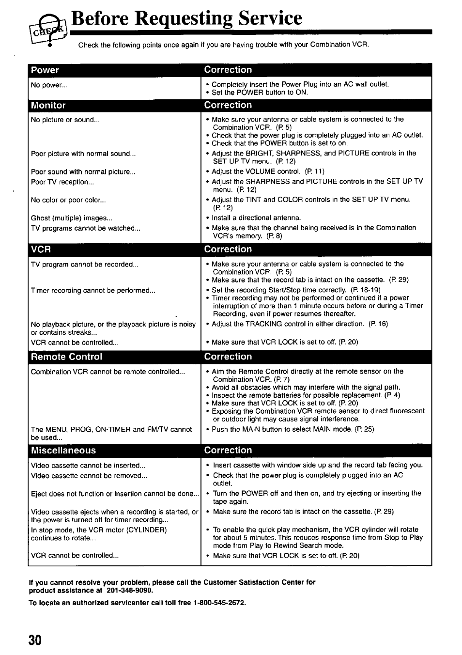 Before requesting service, Power correction, Monitor correction | Vcr correction, Remote control correction, Miscellaneous correction | Panasonic OMNIVISION VHS PV-M2767 User Manual | Page 30 / 36