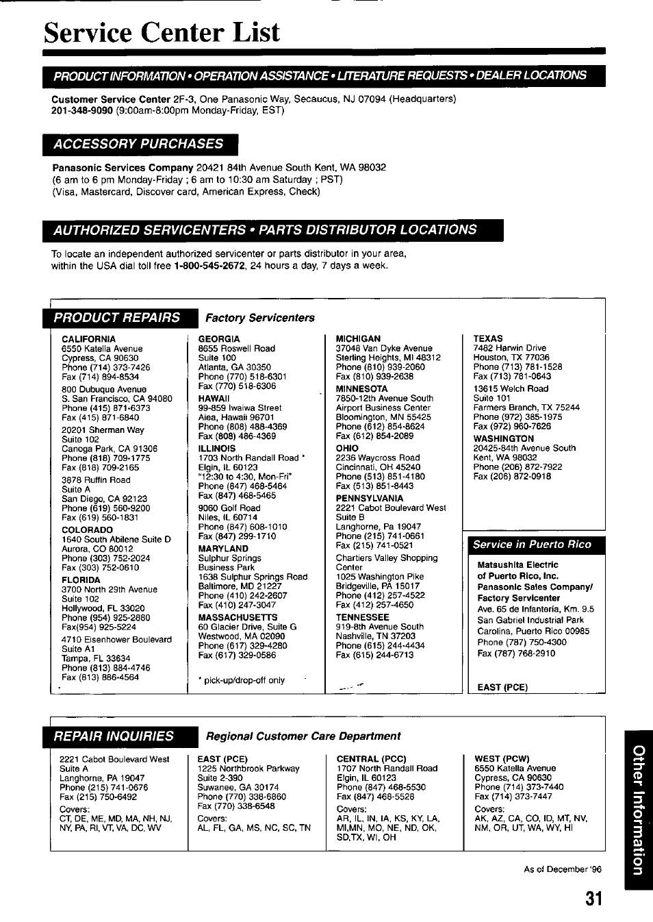 Service center list, Product information, Operation assistance | Literature requests, Dealer locations, Accessory purchases, Product repairs, Repair inquiries | Panasonic OMNIVISION VHS PV-M2767 User Manual | Page 31 / 36