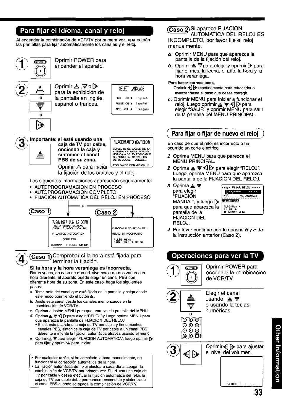 Para fijar el idioma, canal y reloj, Caso 1), Caso 2) | Para fijar o fijar de nuevo el reloj j, Operaciones para ver la tv, Oprimir power para encender el aparato. oprimir, Caso 1) (caso 2), Caso | Panasonic OMNIVISION VHS PV-M2767 User Manual | Page 33 / 36