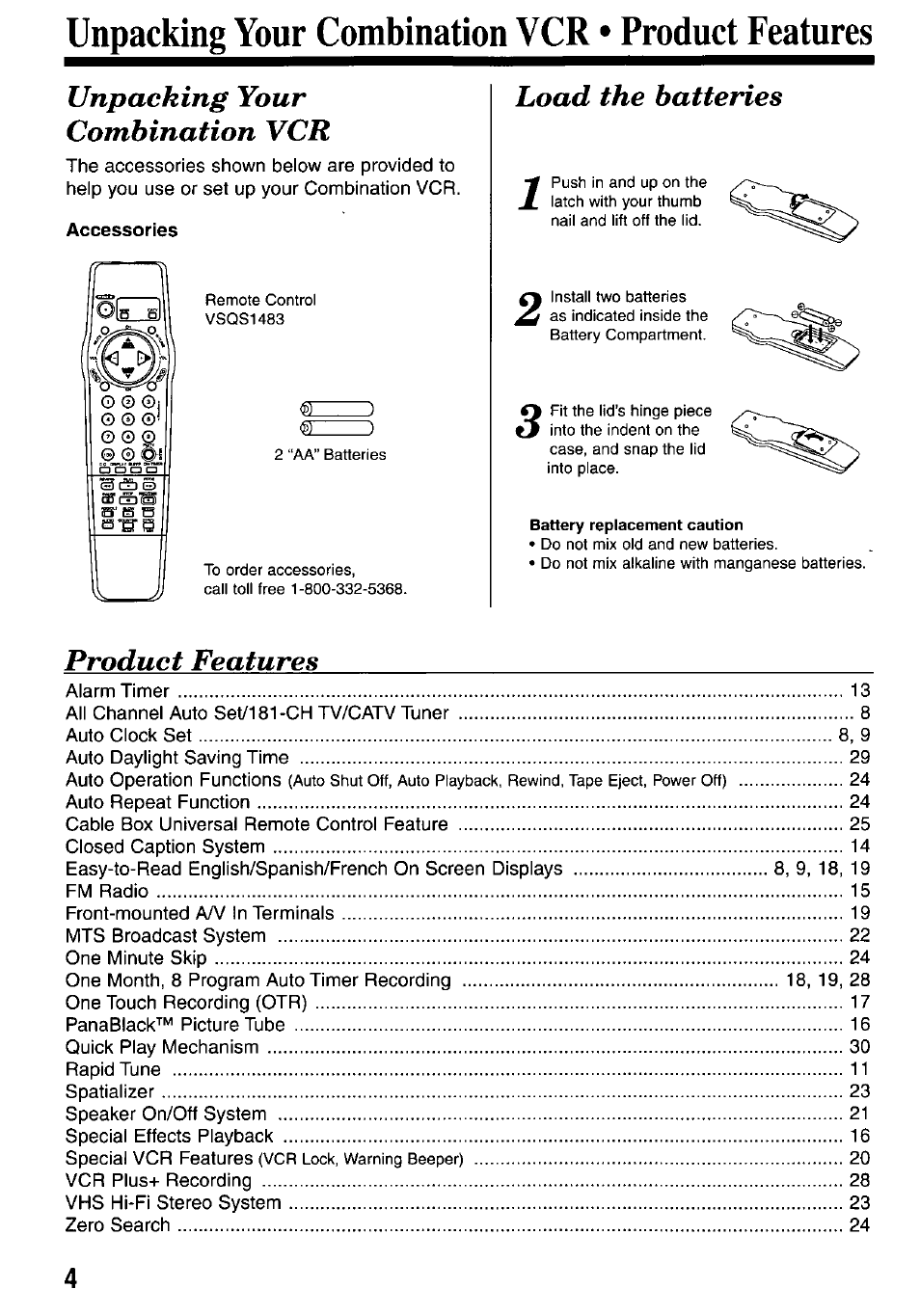 Unpacking your combination vcr • product features, Unpacking your combination vcr, Load the batteries | Product features | Panasonic OMNIVISION VHS PV-M2767 User Manual | Page 4 / 36