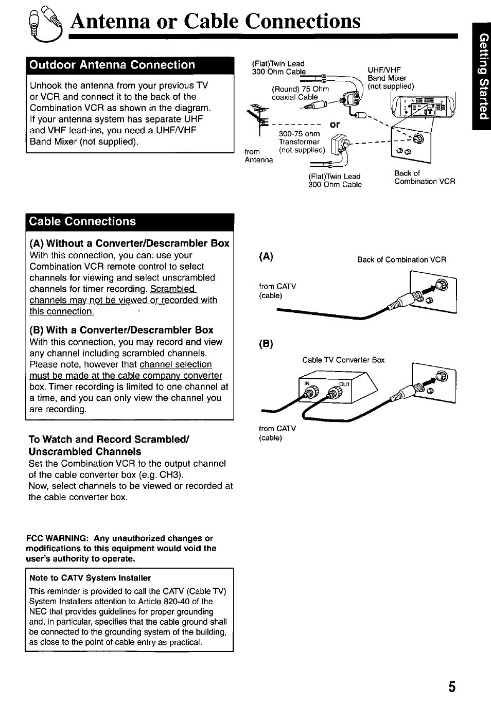 Outdoor antenna connection, Cable connections, A) without a converter/descrambler box | B) with a converter/descrambler box, Antenna or cable connections | Panasonic OMNIVISION VHS PV-M2767 User Manual | Page 5 / 36