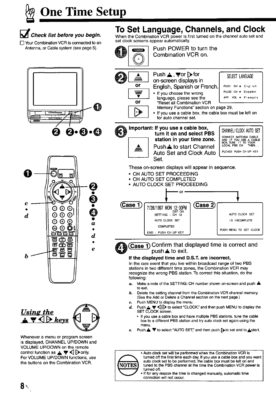 To set language, channels, and clock, Case 1), One time setup | Using the a у 1 ^ keys | Panasonic OMNIVISION VHS PV-M2767 User Manual | Page 8 / 36
