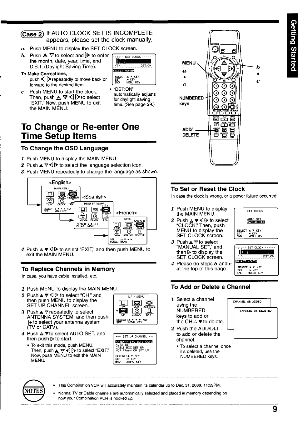 To change or re-enter one time setup items, To change the osd language, To replace channels in memory | To set or reset the clock, To add or delete a channel | Panasonic OMNIVISION VHS PV-M2767 User Manual | Page 9 / 36