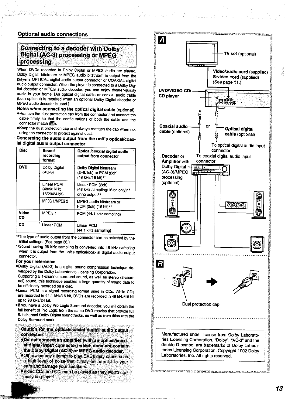 Optional audio connections, Optional video connections, Connoting to a decbder with dolby digital | Panasonic DVD-A350A User Manual | Page 13 / 47