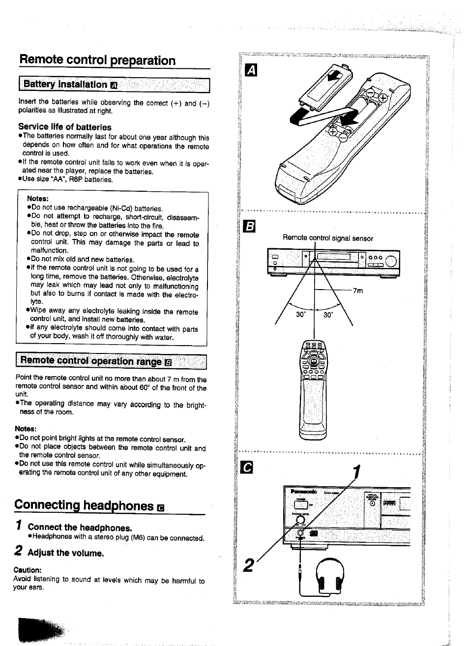 Remote control preparation, Service life of batteries, Connecting headphones a | 7 connect the headphones, 2 adjust the volume, Caution, Connecting headphones | Panasonic DVD-A350A User Manual | Page 14 / 47