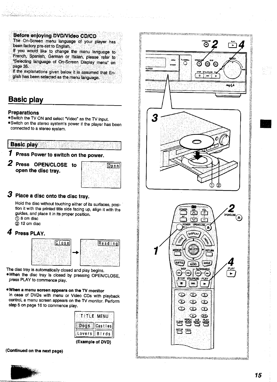 I^efdre dnjoying dvda^iddo cp/co, Basic play, Preparations | 1 press power to switch on the power, 2 press open/close to open the disc tray, 3 place a disc onto the disc tray | Panasonic DVD-A350A User Manual | Page 15 / 47