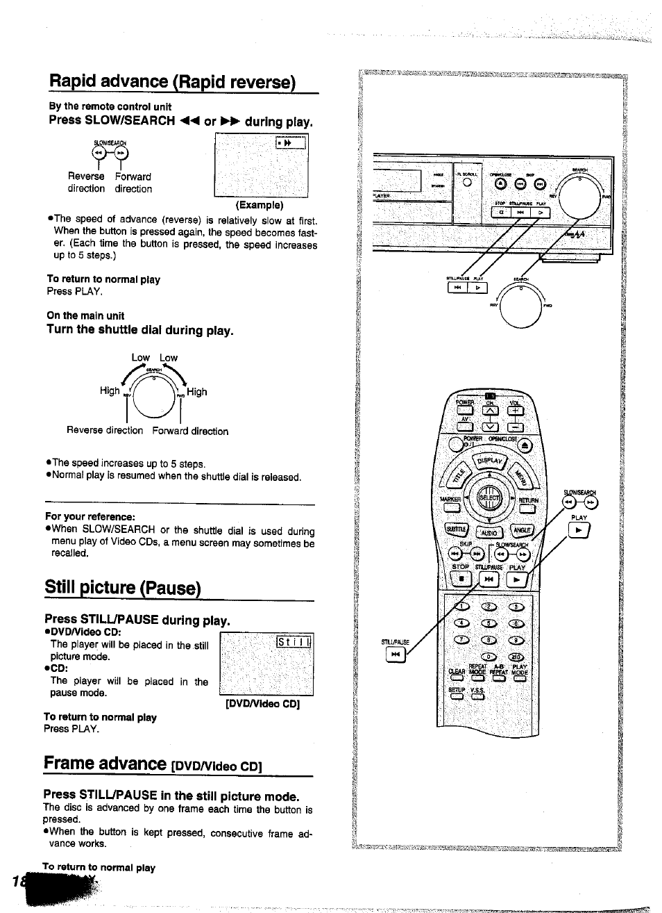 During play, Press slow/search mm or, Turn the shuttle dial during play | Still picture (pause), Press still/pause during play, Frame advance [pyp/video coi, Press stilupause in the still picture mode, Rapid advance (rapid reverse), Frame advance | Panasonic DVD-A350A User Manual | Page 18 / 47