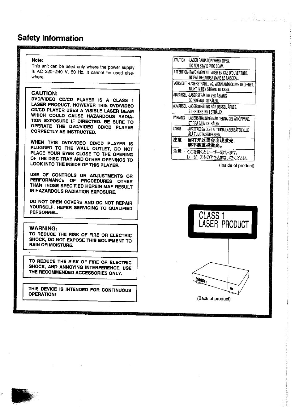 Safety information, Warning | Panasonic DVD-A350A User Manual | Page 2 / 47