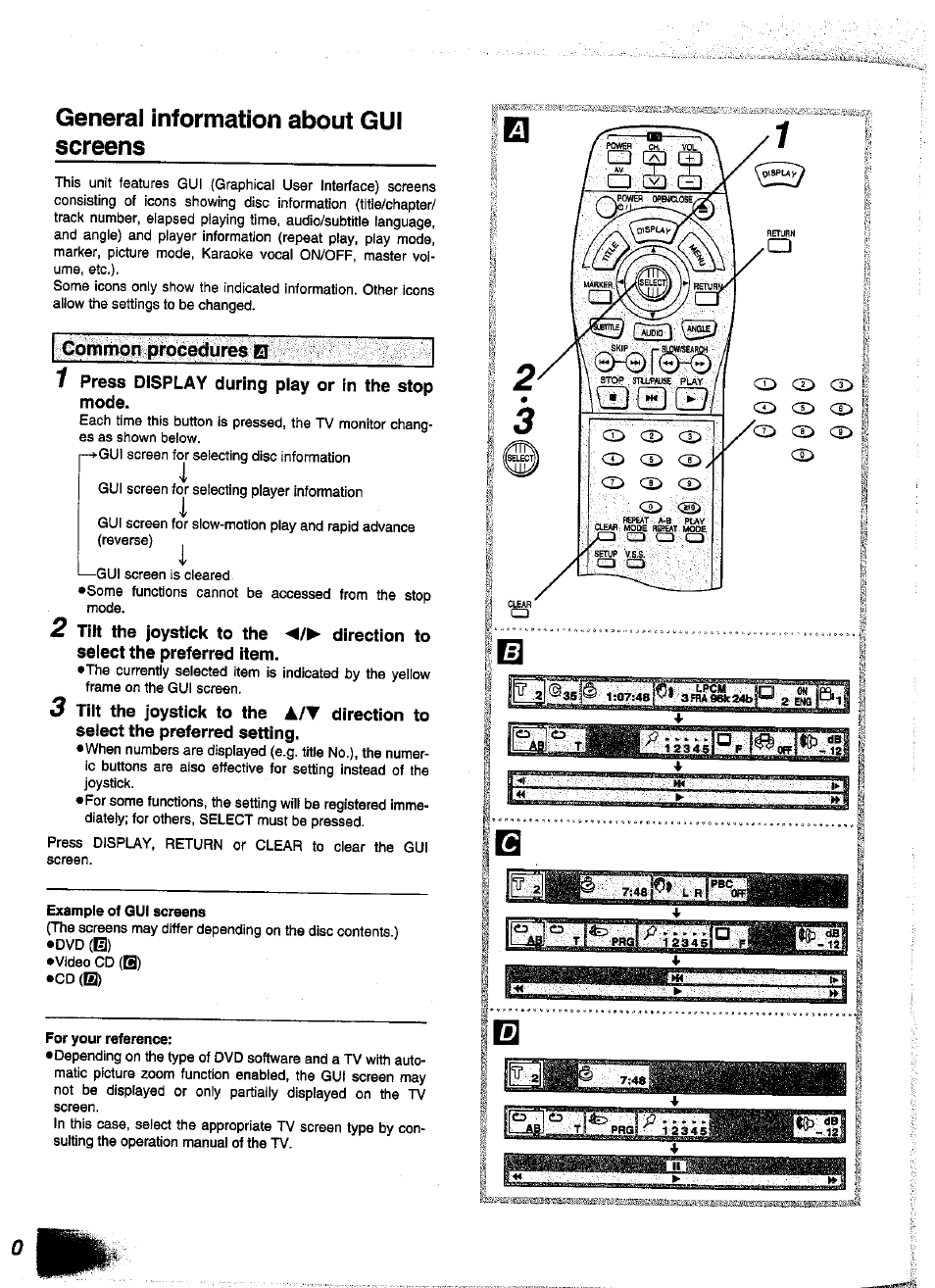 General information about gui screens, 1 press display during play or in the stop mode, Example of gui screens | For your reference | Panasonic DVD-A350A User Manual | Page 20 / 47