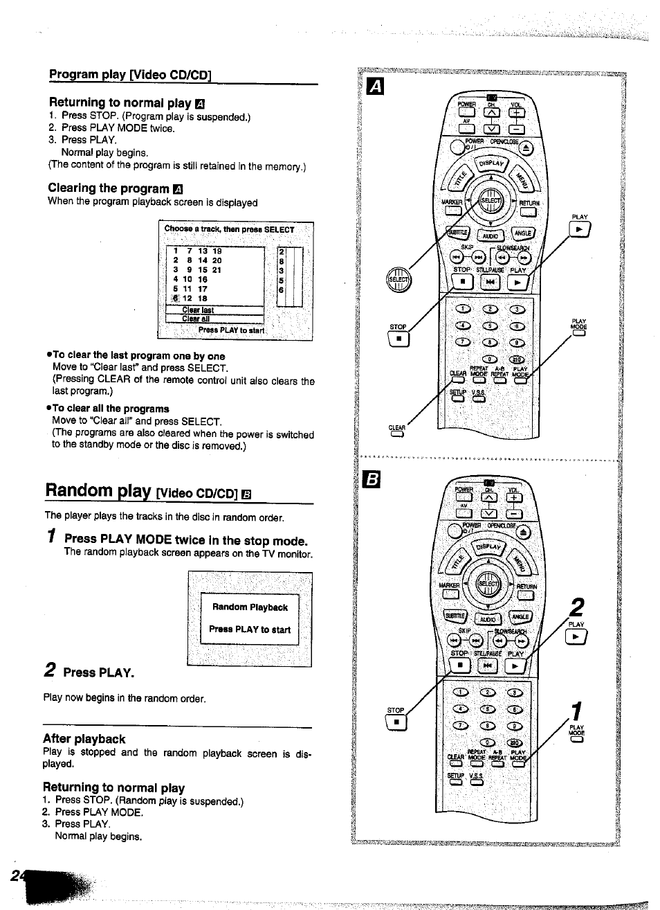 Returning to normal play el, Clearing the program el, Random play [video cd/cd] b | 1 press play mode twice in the stop mode, 2 press play, After piayback, Returning to normal play, Program play, Video, Random play | Panasonic DVD-A350A User Manual | Page 24 / 47