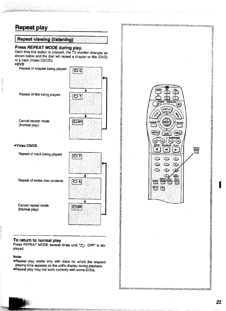 Press repeat mode during play, To return to normal play, Repeat play | Panasonic DVD-A350A User Manual | Page 25 / 47