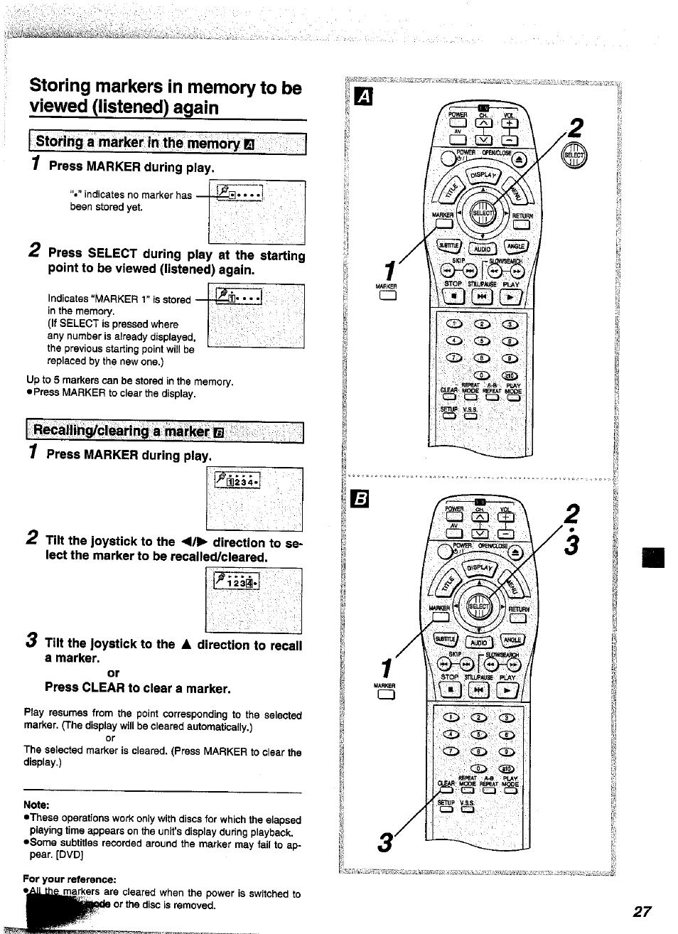 1 press marker during play, Press clear to clear a marker | Panasonic DVD-A350A User Manual | Page 27 / 47