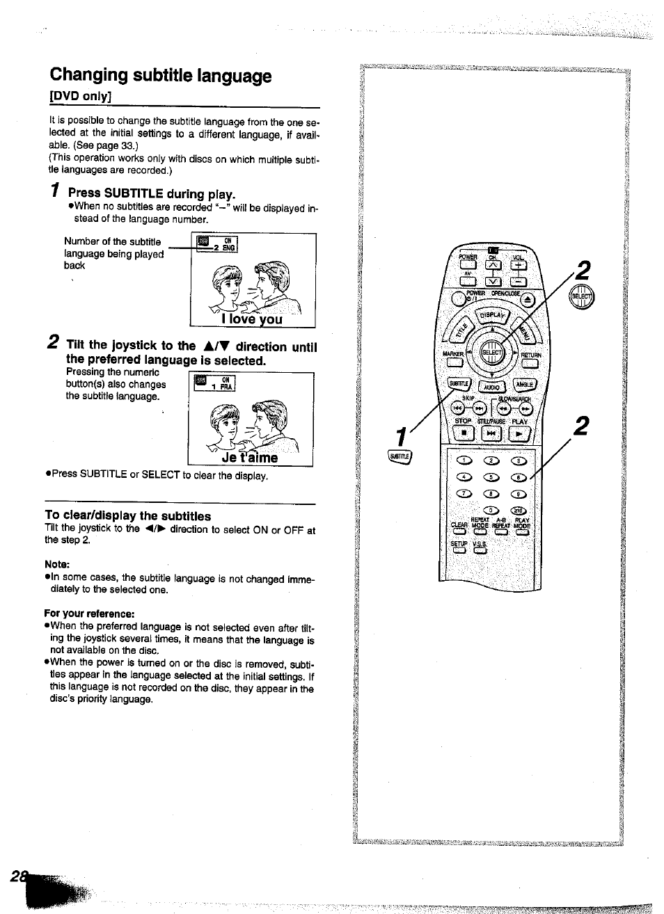 Changing subtitle language, Dvd only, 1 press subtitle during play | To clear/display the subtitles, Only | Panasonic DVD-A350A User Manual | Page 28 / 47
