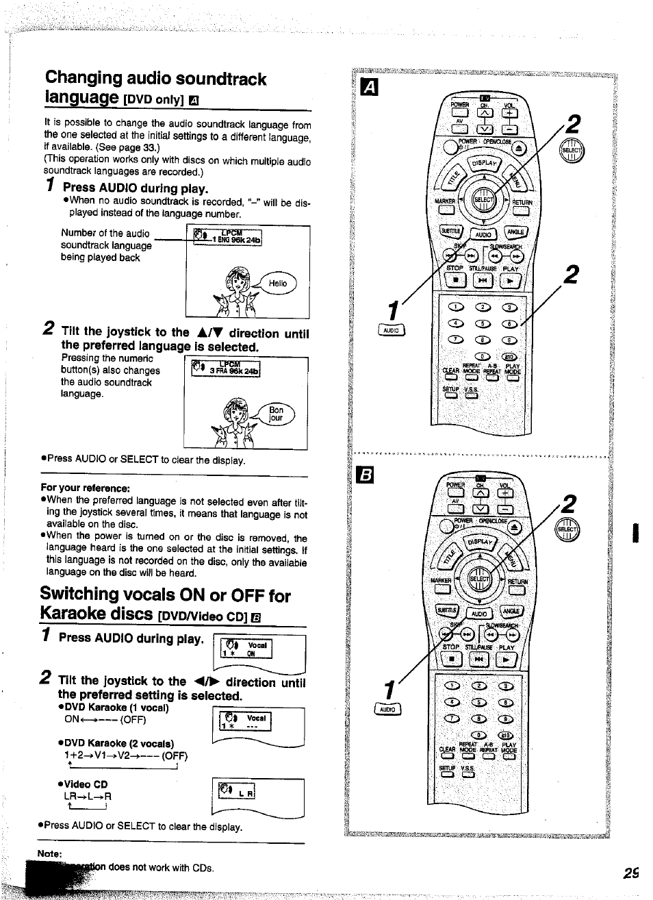 Changing audio soundtrack ianguage [dvd only] a, 1 press audio during play, 7 press audio during play | Changing audio soundtrack ianguage | Panasonic DVD-A350A User Manual | Page 29 / 47