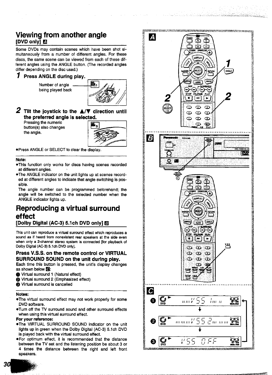 Viewing from another angie, 1 press angle during play, Reproducing a virtual surround effect | Panasonic DVD-A350A User Manual | Page 30 / 47