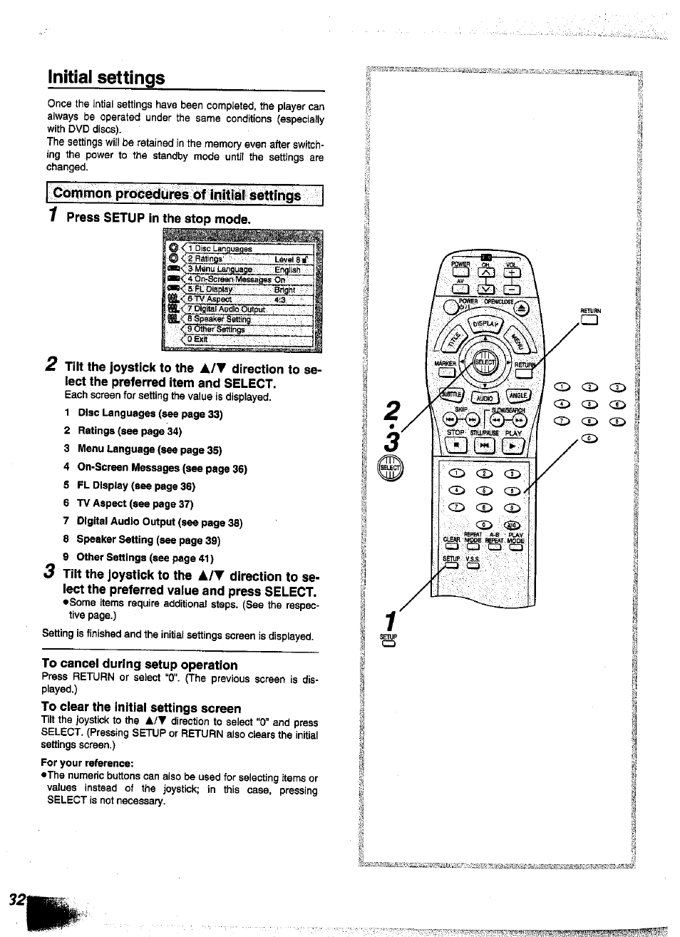 Initial settings, To cancel during setup operation, To clear the initial settings screen | Common procedures of initial settings | Panasonic DVD-A350A User Manual | Page 32 / 47