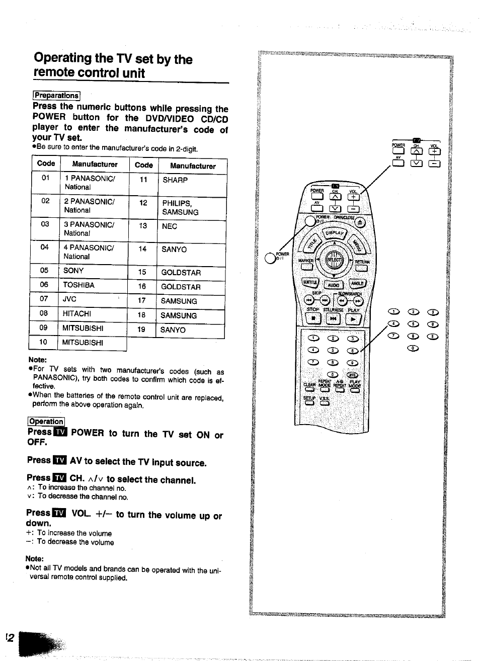 Operating the tv set by the remote control unit | Panasonic DVD-A350A User Manual | Page 42 / 47