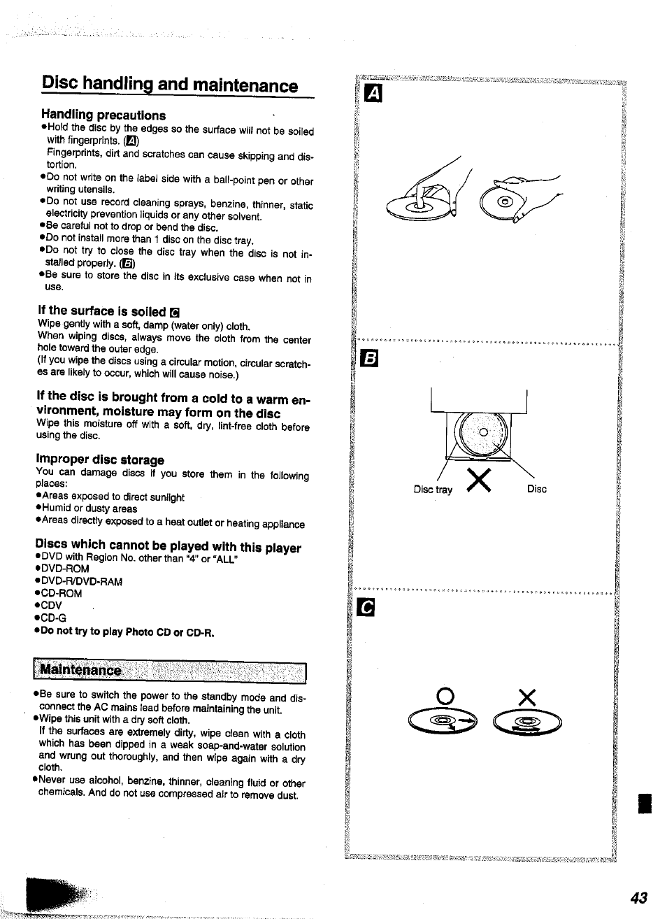 Disc handling and maintenance, Handling precautions, If the surface is soiled q | Improper disc storage, Discs which cannot be played with this player | Panasonic DVD-A350A User Manual | Page 43 / 47