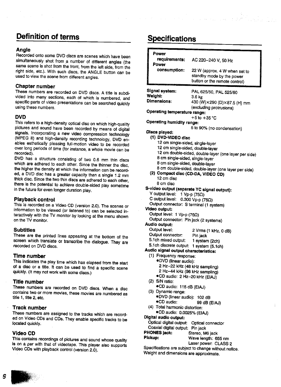 Definition of terms, Angle, Chapter number | Playback control, Subtitles, Time number, Title number, Track number, Video cd, Definition of terms specifications | Panasonic DVD-A350A User Manual | Page 46 / 47