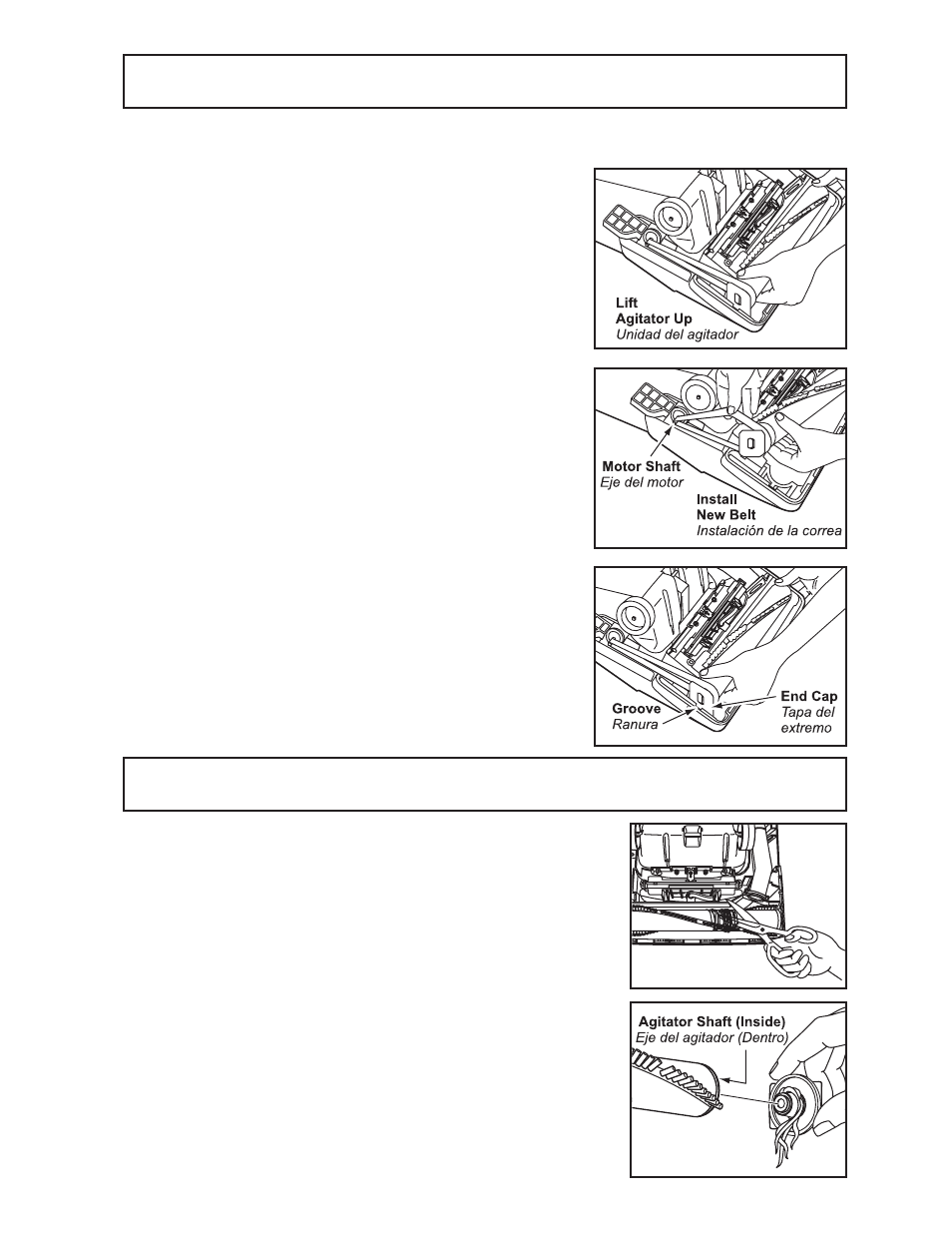 Replacing belt / cambio de la correa, Cleaning agitator / limpieza del agitador | Panasonic MC-V300 User Manual | Page 19 / 28