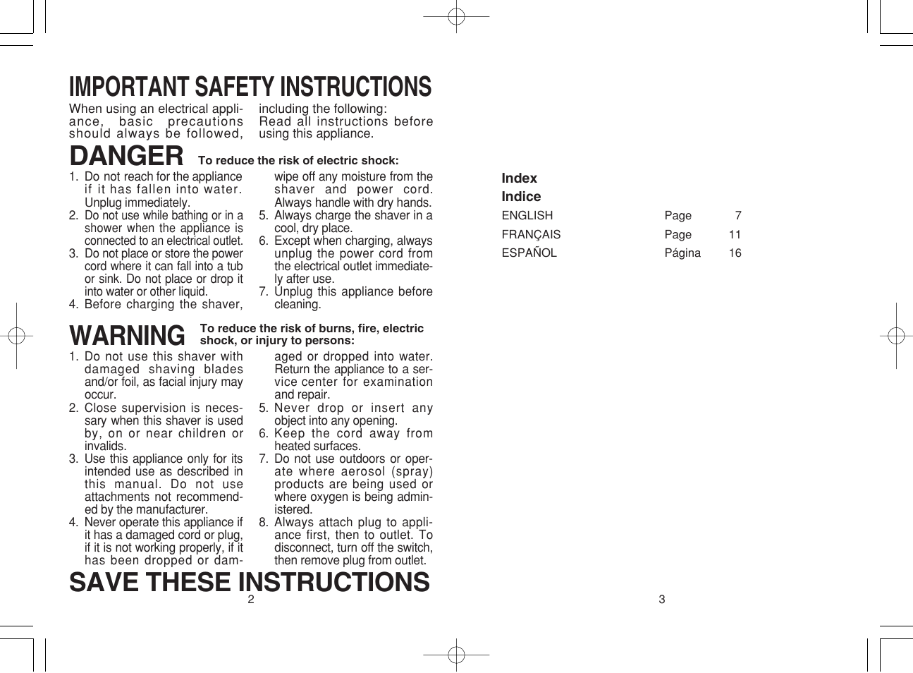 Important safety instructions, Warning, Danger | Save these instructions | Panasonic ES8019 User Manual | Page 2 / 11