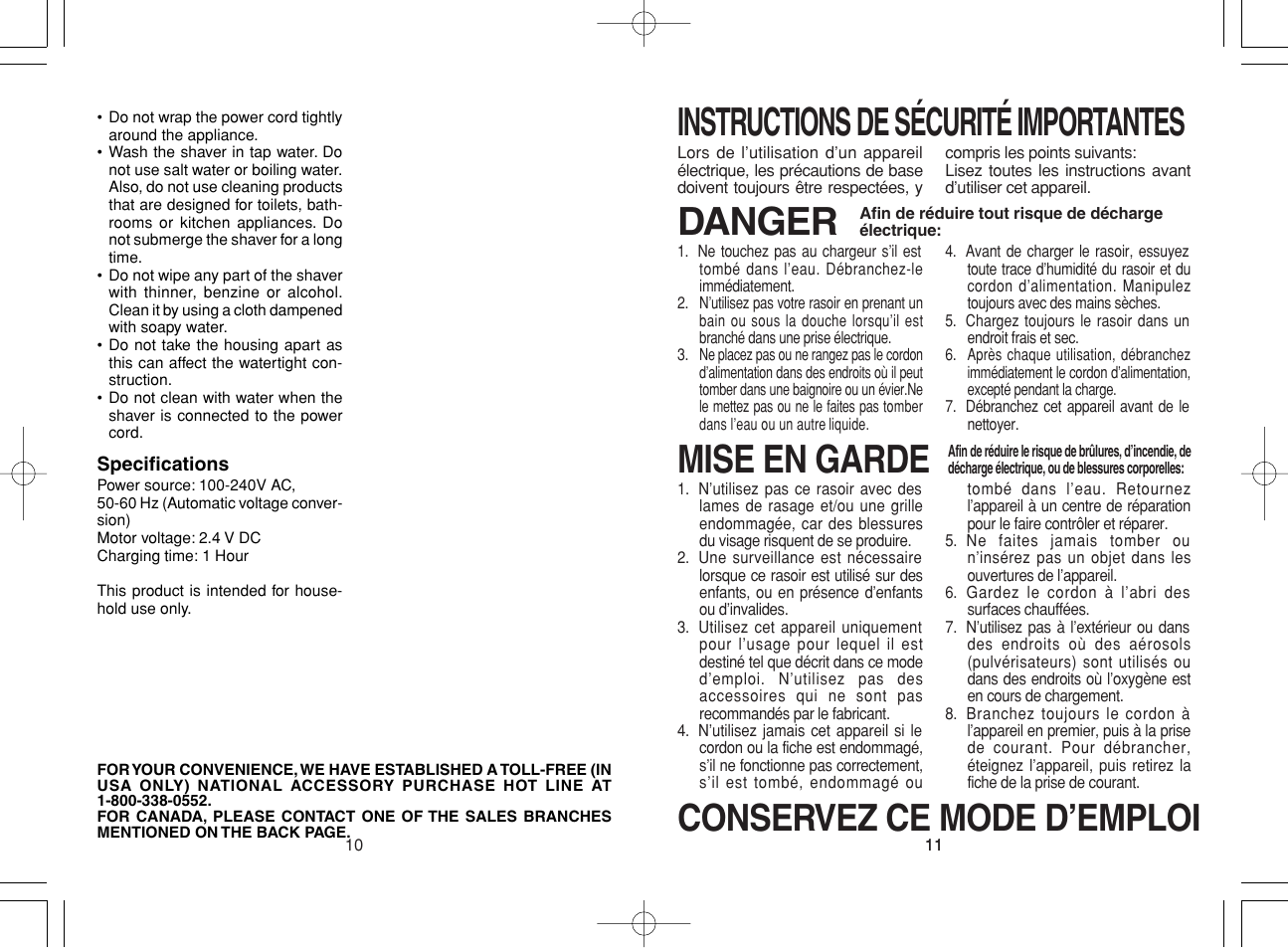 Instructions de sécurité importantes, Danger, Mise en garde | Conservez ce mode d’emploi | Panasonic ES8019 User Manual | Page 6 / 11