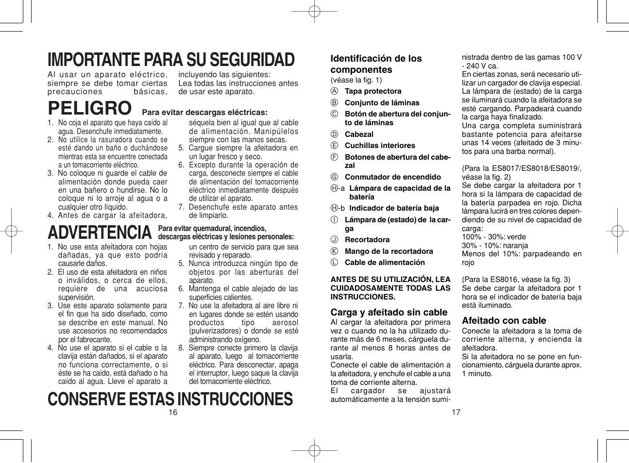 Importante para su seguridad, Peligro, Advertencia | Conserve estas instrucciones | Panasonic ES8019 User Manual | Page 9 / 11