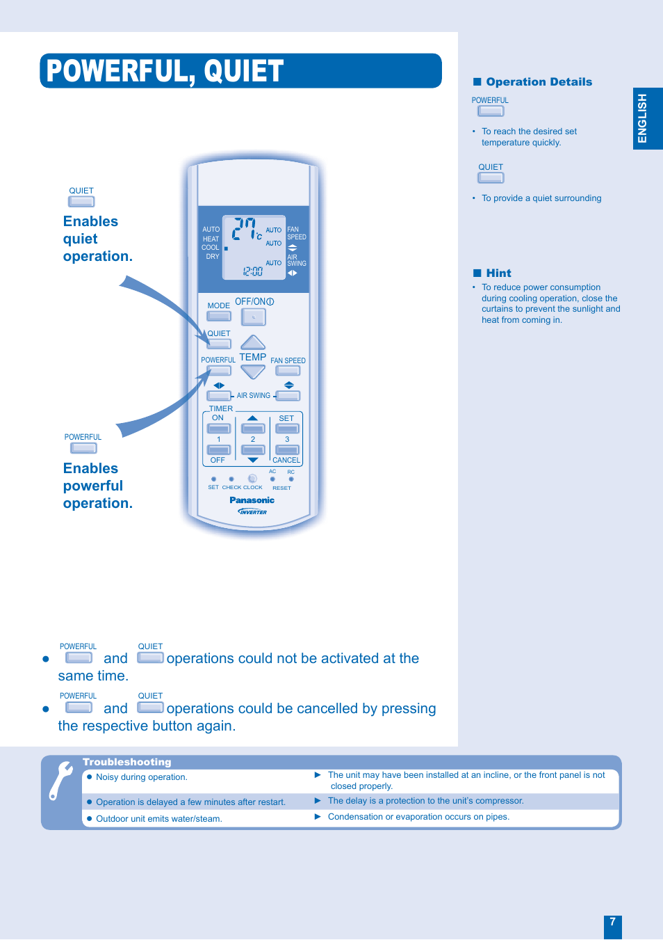 Powerful, quiet, Operations could not be activated at the same time, Enables powerful operation | Panasonic CU-E15FKR User Manual | Page 7 / 12