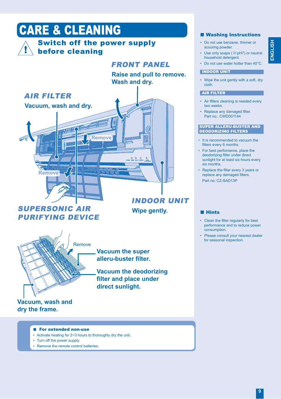 Care & cleaning, Switch off the power supply, Air filter | Front panel | Panasonic CU-E15FKR User Manual | Page 9 / 12