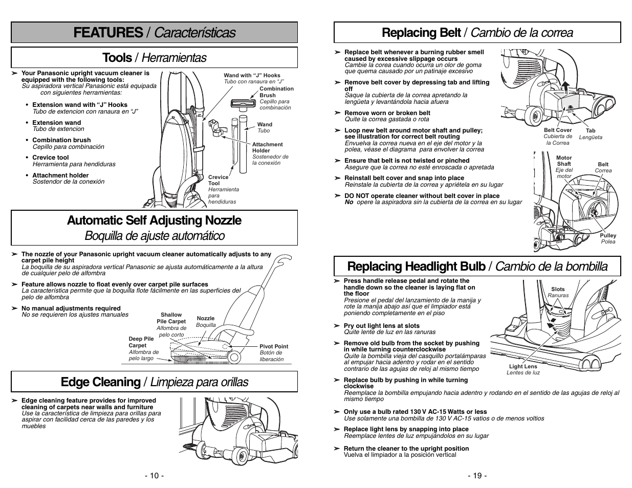 Features / caracteristicas, Tools / herramientas, Edge cleaning / limpieza para orillas | Características, Features, Replacing belt / cambio de la correa, Replacing headlight bulb / cambio de la bombilla | Panasonic MC-V7531 User Manual | Page 10 / 28
