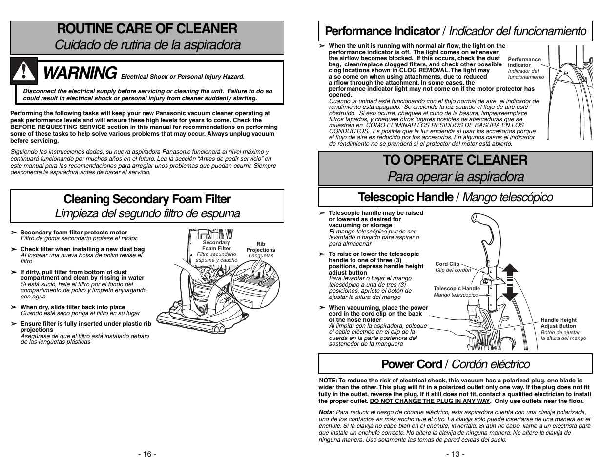 To operate cleaner / para operar la aspiradora, Telescopic handle / mango telescopico, Power cord / cordon electrico | Warning, Cuidado de rutina de la aspiradora, Para operar la aspiradora, Routine care of cleaner | Panasonic MC-V7531 User Manual | Page 13 / 28