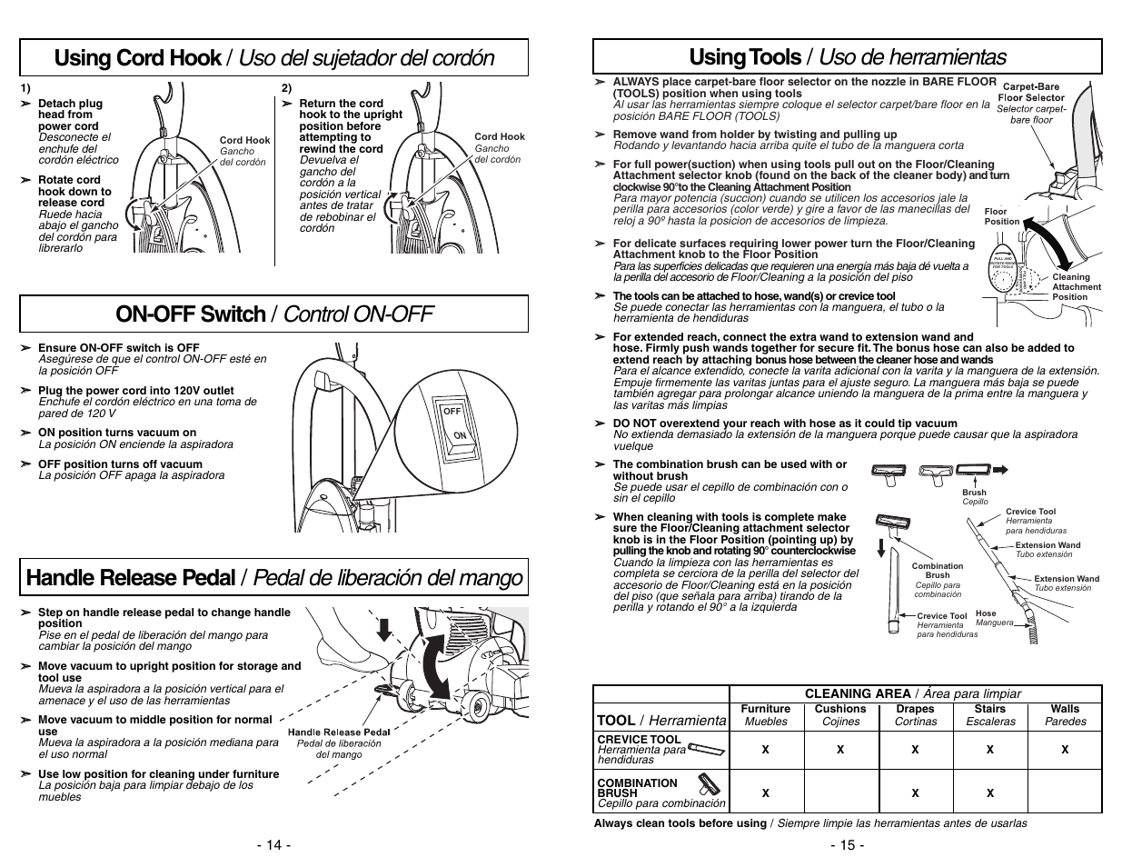 Using cord hook / uso del sujetador del cordon, On-off switch / control on-off, Using cord hook / uso del sujetador del cordón | Panasonic MC-V7531 User Manual | Page 14 / 28