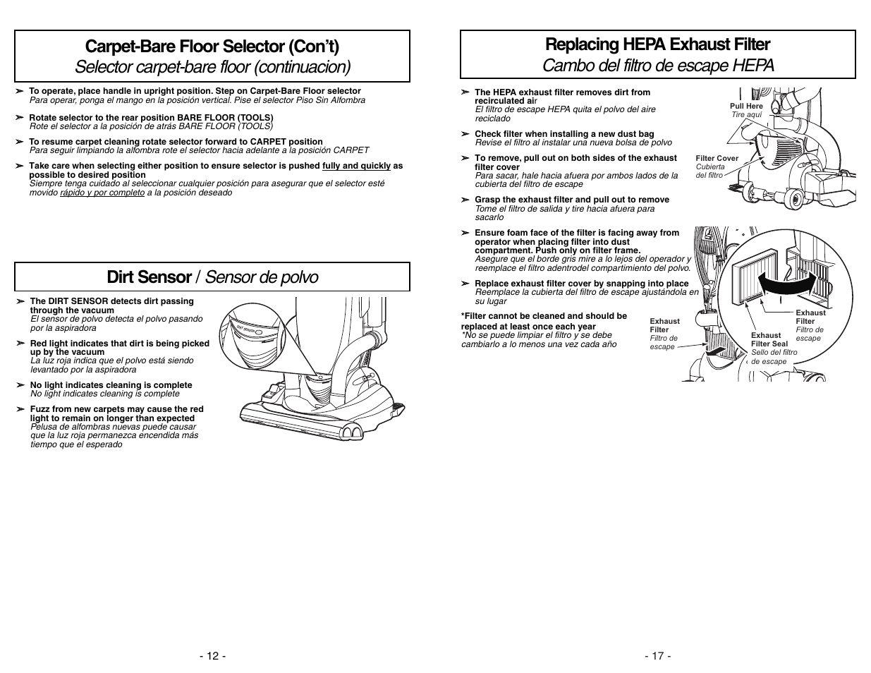 Dirt sensor / sensor de polvo | Panasonic MC-V7531 User Manual | Page 17 / 28