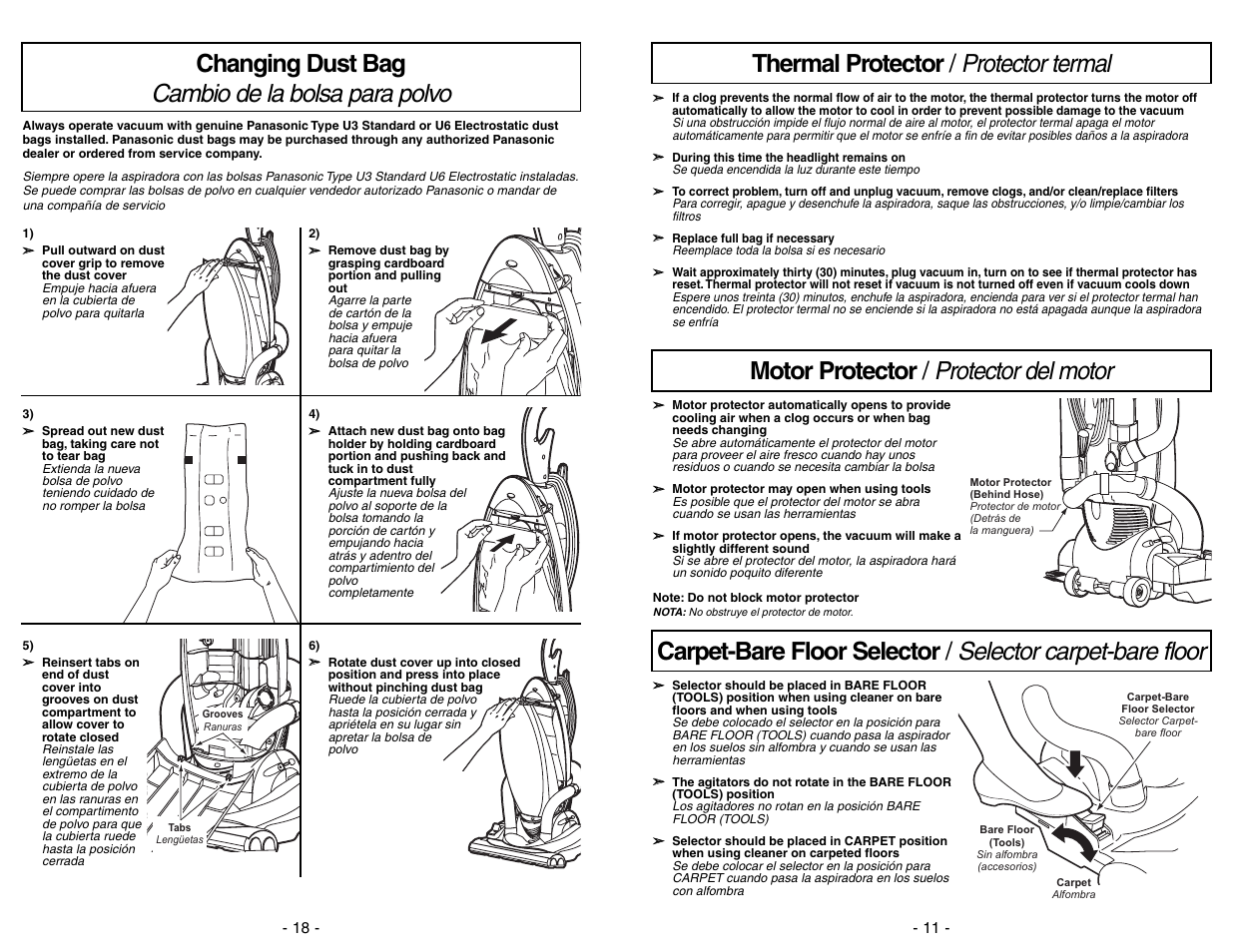 Changing dust bag / cambio de la bols de polvo, Changing dust bag cambio de la bolsa para polvo, Motor protector / protector del motor | Panasonic MC-V7531 User Manual | Page 18 / 28