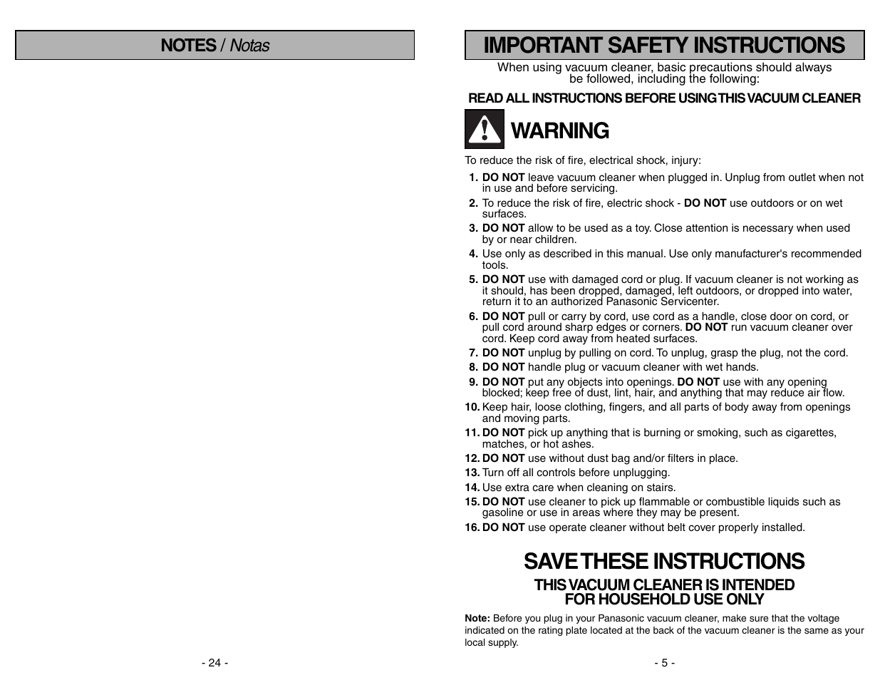 Notes / notas, Warning, Save these instructions | Important safety instructions | Panasonic MC-V7531 User Manual | Page 24 / 28