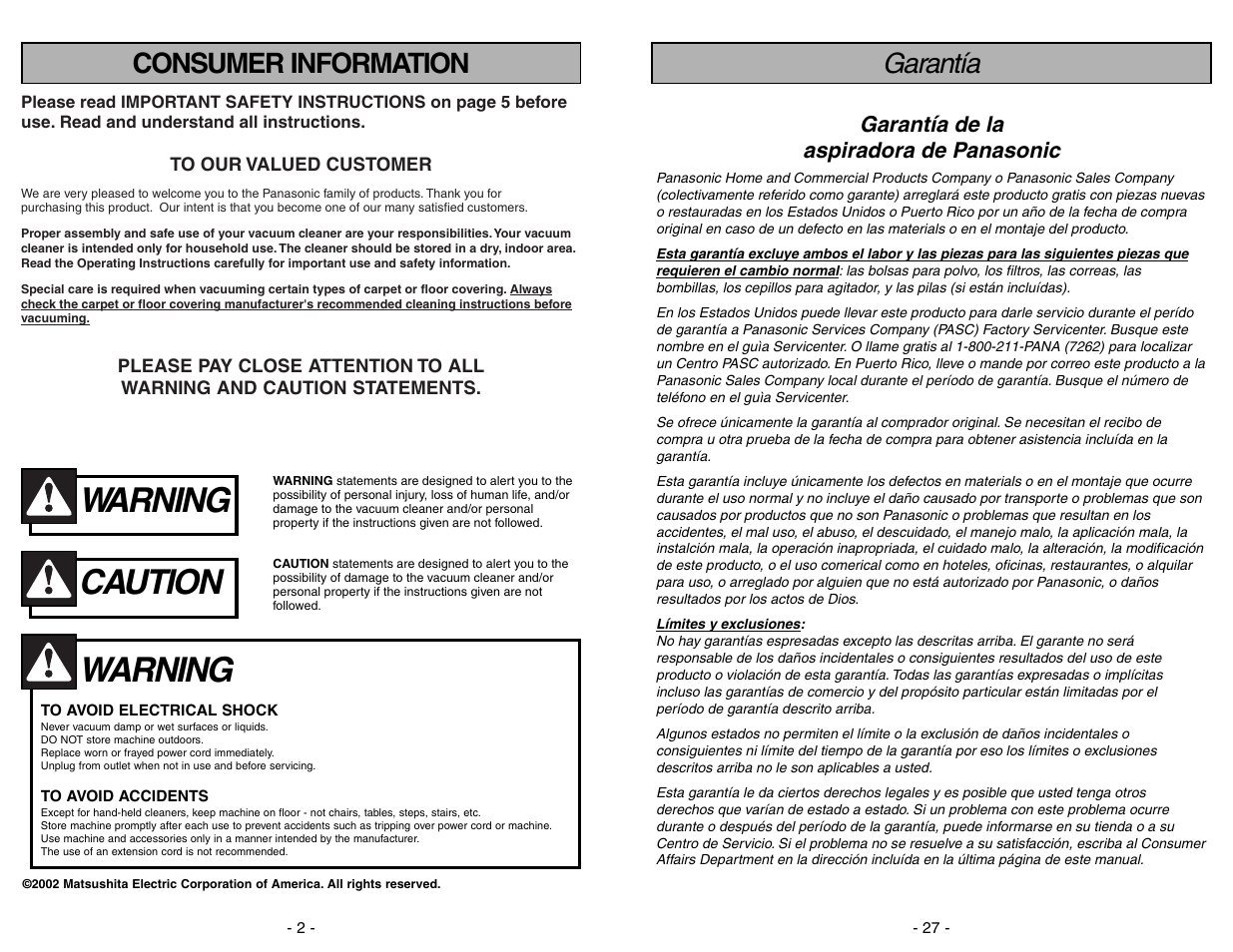 Warning, Caution, Garantía | Consumer information, Garantía de la aspiradora de panasonic | Panasonic MC-V7531 User Manual | Page 27 / 28