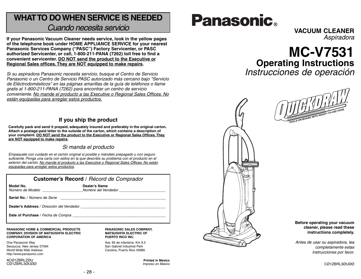 Mc-v7531, Operating instructions instrucciones de operación, Cuando necesita servicio | What to do when service is needed, Aspiradora, Vacuum cleaner | Panasonic MC-V7531 User Manual | Page 28 / 28