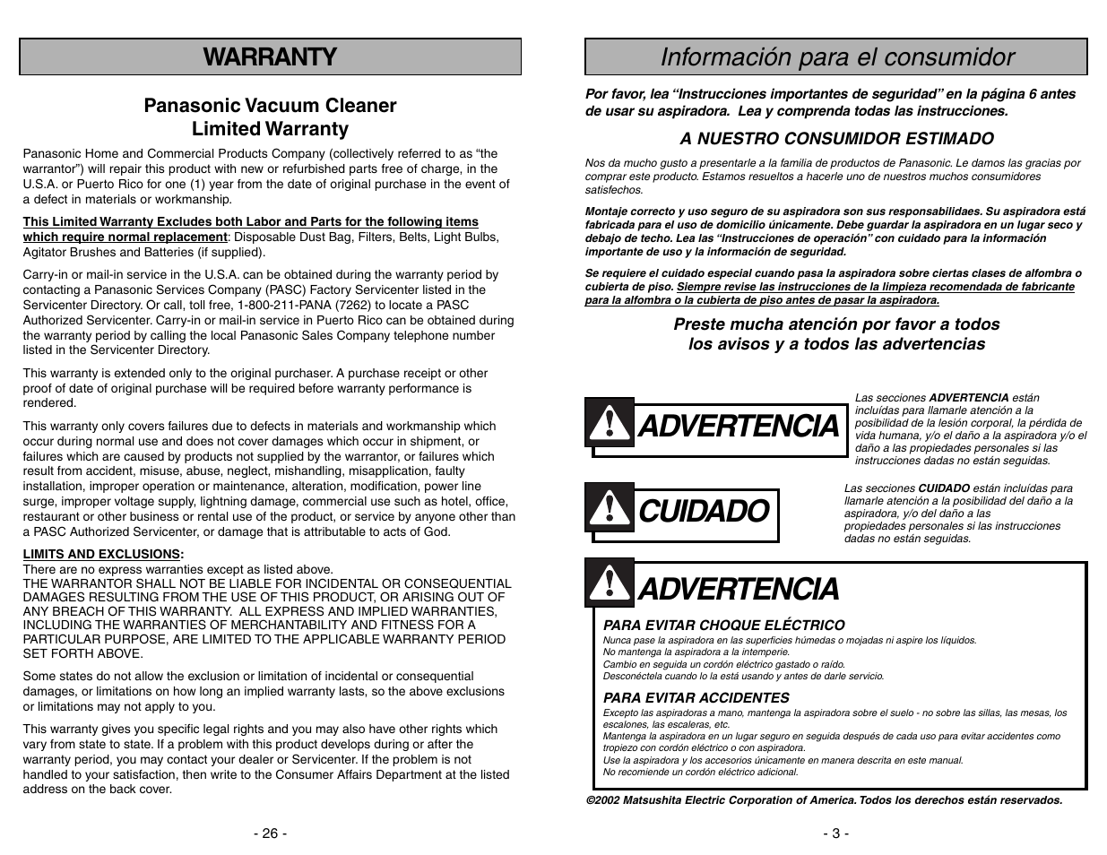 Advertencia, Cuidado, Información para el consumidor | Warranty | Panasonic MC-V7531 User Manual | Page 3 / 28