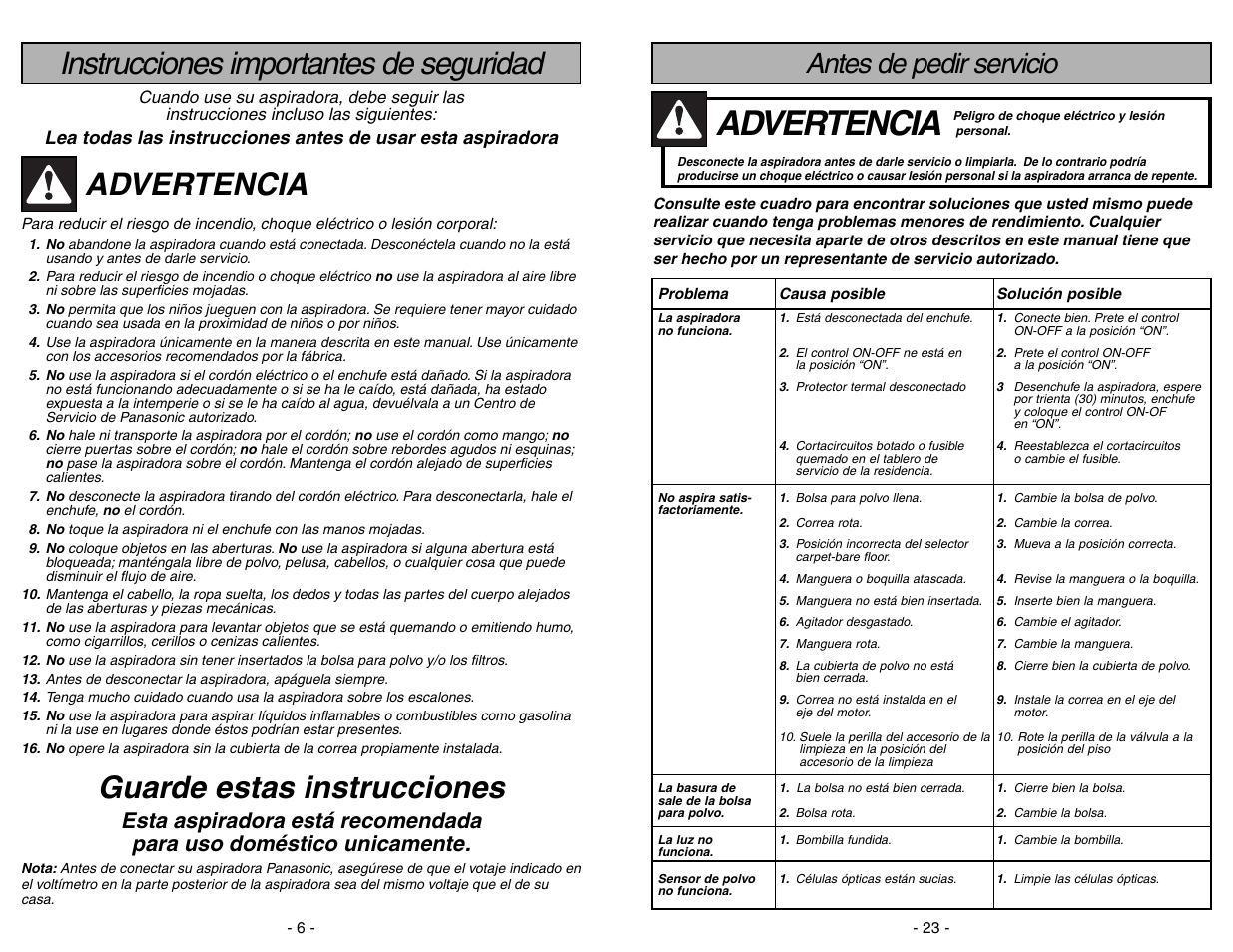 Instrucciones importantes de seguridad, Advertencia, Guarde estas instrucciones | Antes de pedir servicio | Panasonic MC-V7531 User Manual | Page 6 / 28