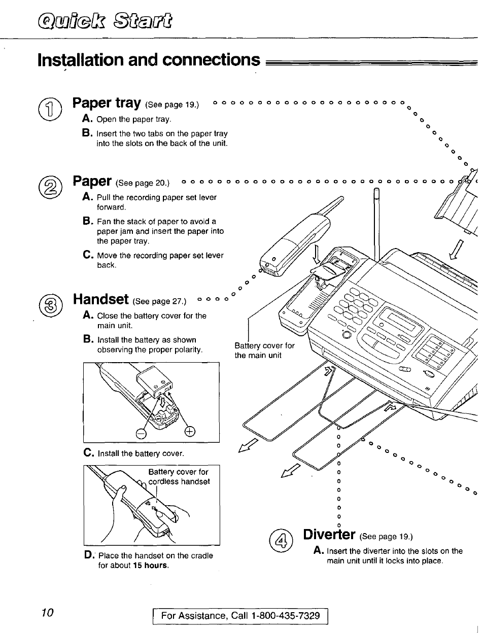 Installation and connections, Paper tray, Paper | Handset, Diverter | Panasonic kx-fmc230 User Manual | Page 10 / 128