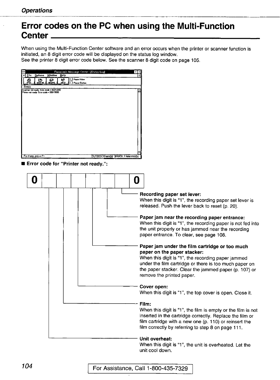 Recording paper set lever, Paper jam near the recording paper entrance, Cover open | Unit overheat, Operations | Panasonic kx-fmc230 User Manual | Page 104 / 128