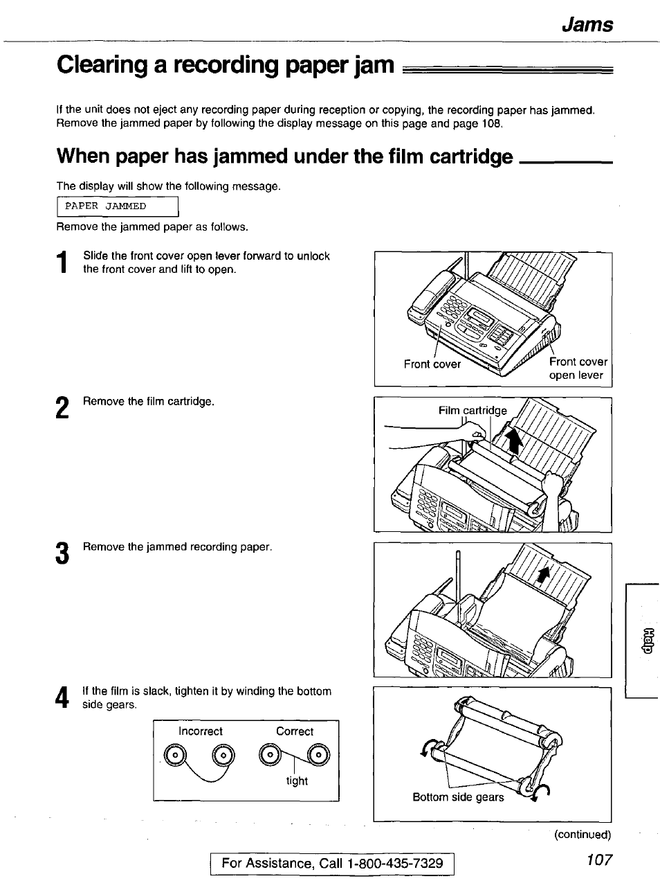 Clearing a recording paper jam, When paper has jammed under the film cartridge, Jams | Panasonic kx-fmc230 User Manual | Page 107 / 128