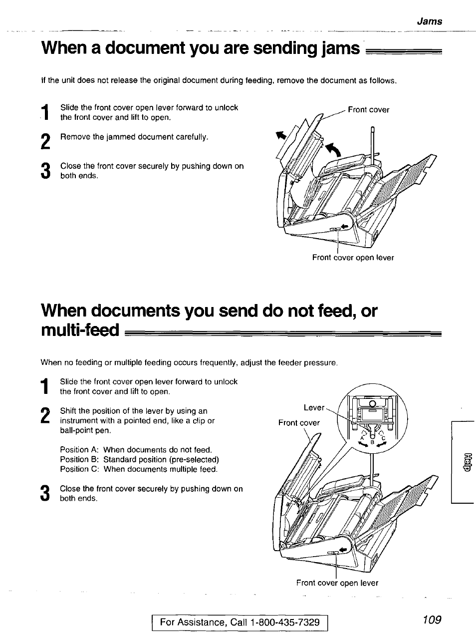 When a document you are sending jams, When documents you send do not feed, or multi-feed | Panasonic kx-fmc230 User Manual | Page 109 / 128